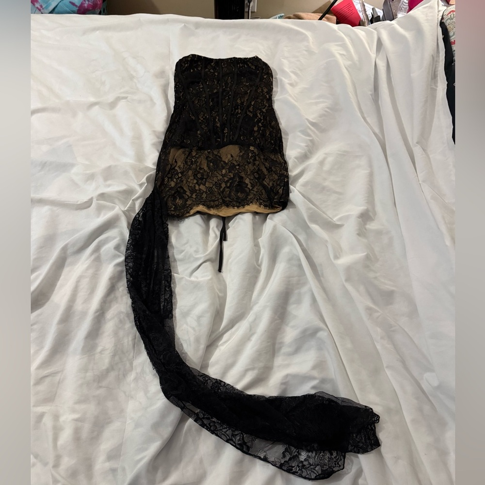 Strapless Black Lace Evening Dress with Nude Lining